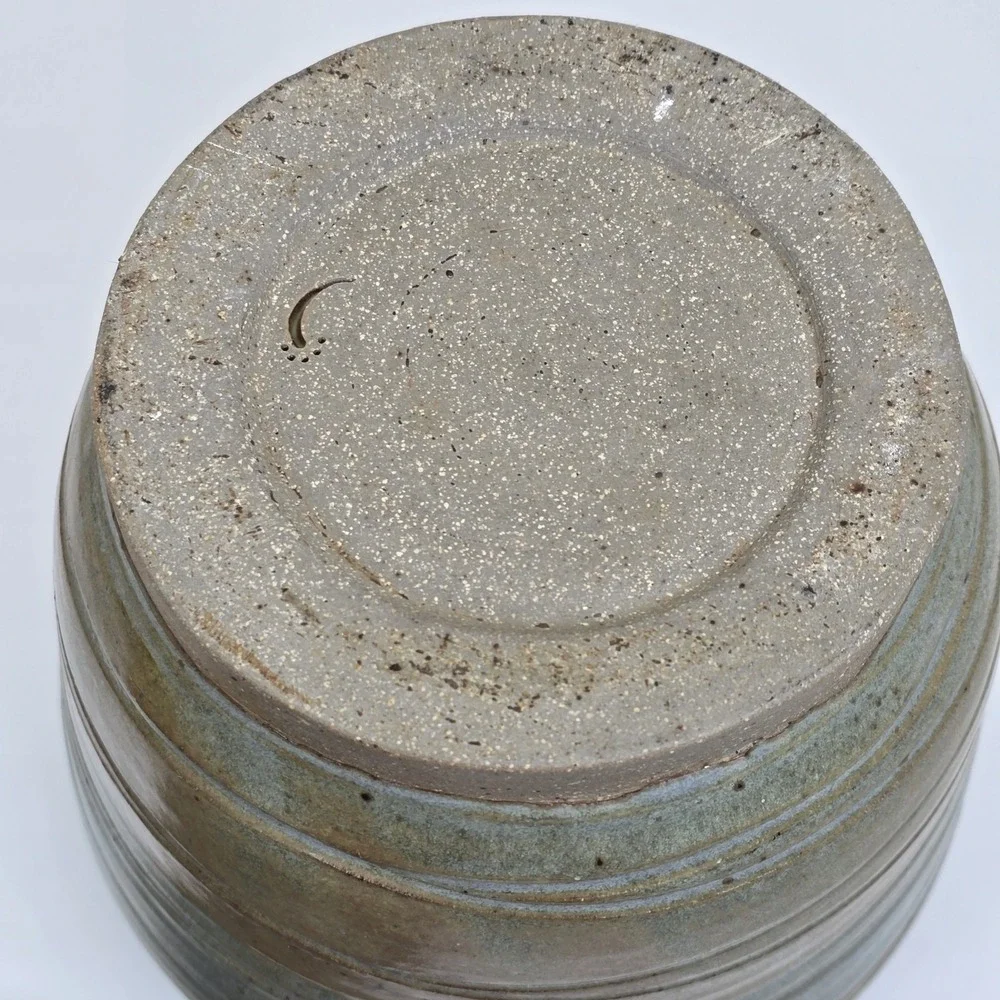 Vintage Studio Pottery Stoneware Canister Jar With Lid Green Brown Speckled 8.5